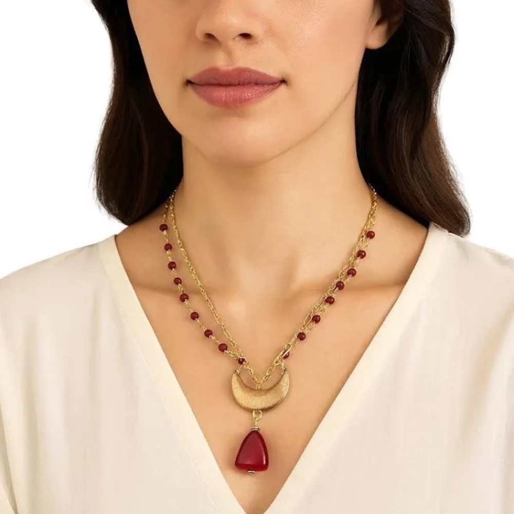 The Sak NWT gold tone red beaded layered crescent pendent necklace